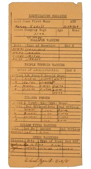 Immunization Register, printed form, filled out by hand, English, 1941–44