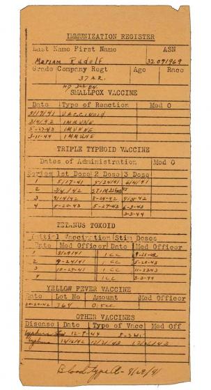  Immunization Register, Vordruck, handschriftlich ausgefüllt, englisch, 1941-1944
