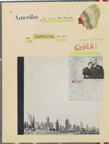 Seite in einem Heft, auf denen Amerika und Hoffnung steht, der Kopf eines Ureinwohners Amerikas mit Federschmuck, Fotographien von New York, zwei Menschen und eine Karte