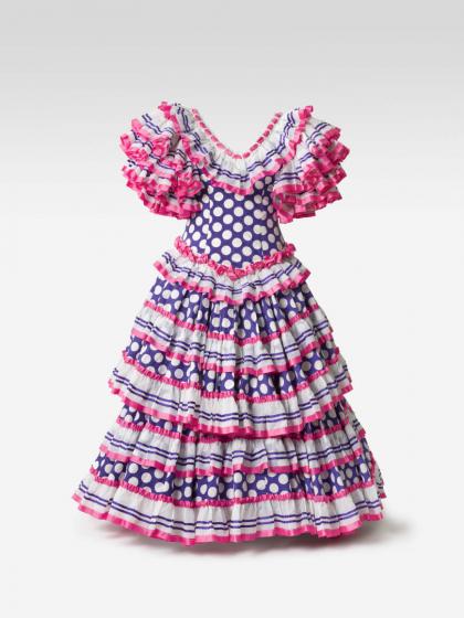 Blue dress with white dots and pink, blue and white frills