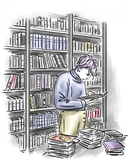 Drawing: a teenager is standing in a room with bookshelfs at the walls, he is delved into a book