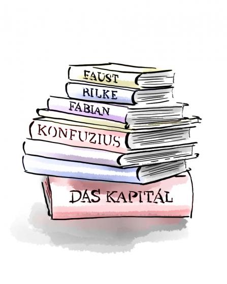 Gezeichneter Bücherstapel, auf den Buchrücken ist zu lesen: „Das Kapitel“, „Konfuzius“, „Fabian“, „Rilke“, „Faust“