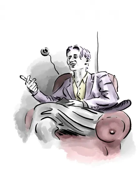 Drawing: a male teenager sitting in an armchair, gesticulating with his hand 