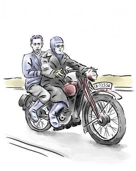 Drawing: two youths sitting on a motorcycle, the guy in front in motorcycle clothing, the guy behind sticks out his tongue