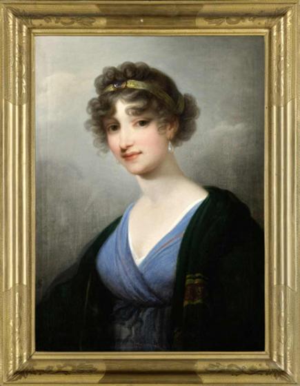Painting of a young woman in semi-profile with short curly hair and earrings, in a gold frame