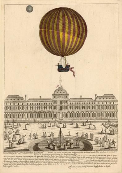Black and white drawing of a large building with people on the forecourt, above colored a hot air balloon