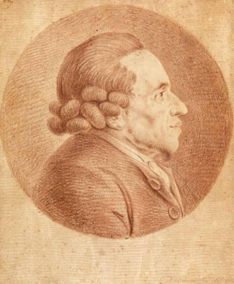 Profil von Moses Mendelssohn als Rundbild; Schulterstück. Moses Mendelssohn mit Zopfperücke, nach rechts blickend