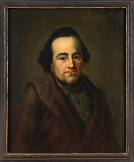 Ölgemälde: Mendelssohn mit schwarzen Haaren und brauner Jacke, den Blick auf die Betrachtenden gerichtet