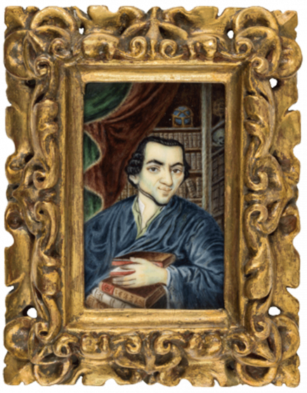 Miniatur-Porträt in vergoldetem ornamentiertem Holzrahmen: Bruststück eines jungen Mannes mit Bücherstapel, der Blick auf die Betrachtenden gerichtet