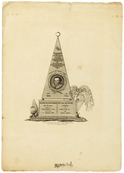 Drawing of a pyramid-shaped memorial bearing a portrait of Moses Mendelssohn
