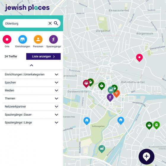 Screenshot of the Jewish Places website showing pinned locations on the map