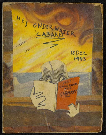 Painted magazine cover, a person reads in a magazine.