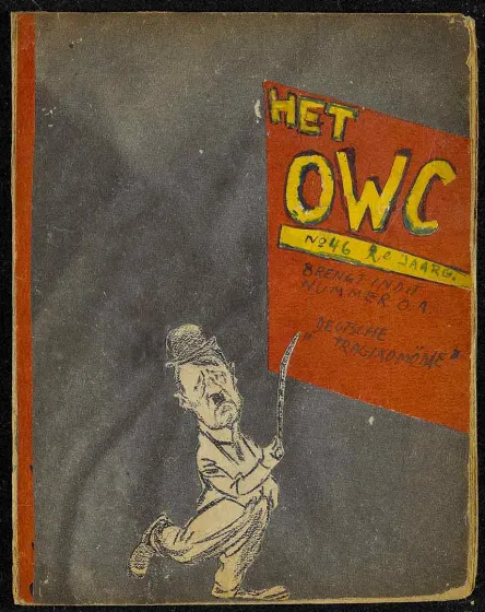 Painted magazine cover, a figure stands in front of a red sign.