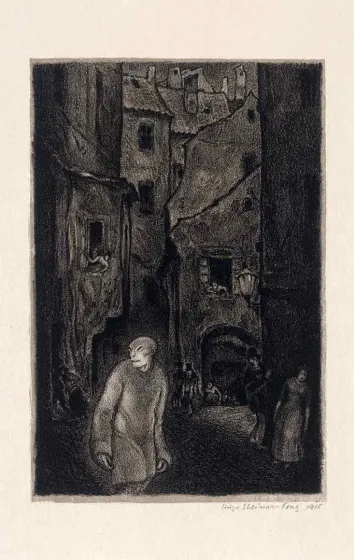 Black and white lithography of a figur in an old town