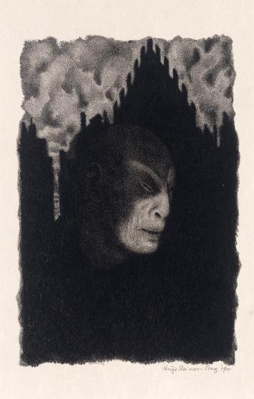Black and white lithography of a louring face