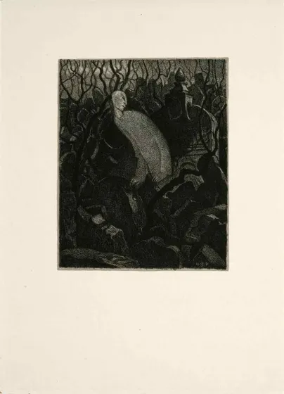 Black and white lithography of a figur on a cemetery