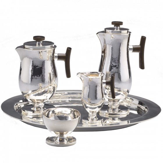Silver coffee and tea set consisting of coffee pot, teapot, creamer, sugar bowl and tray