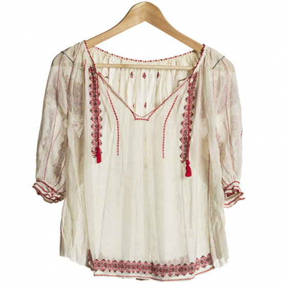 White rather plain blouses, in front view, with red embroidery