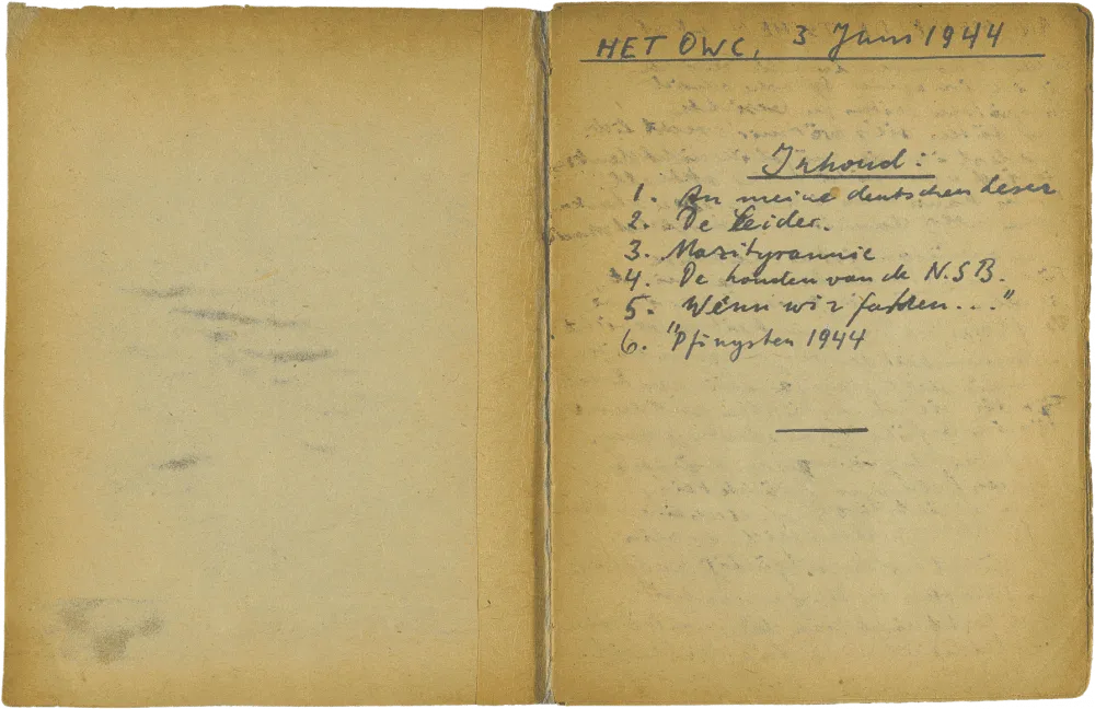 Handschriftliches Inhaltsverzeichnis in Schreibschrift.