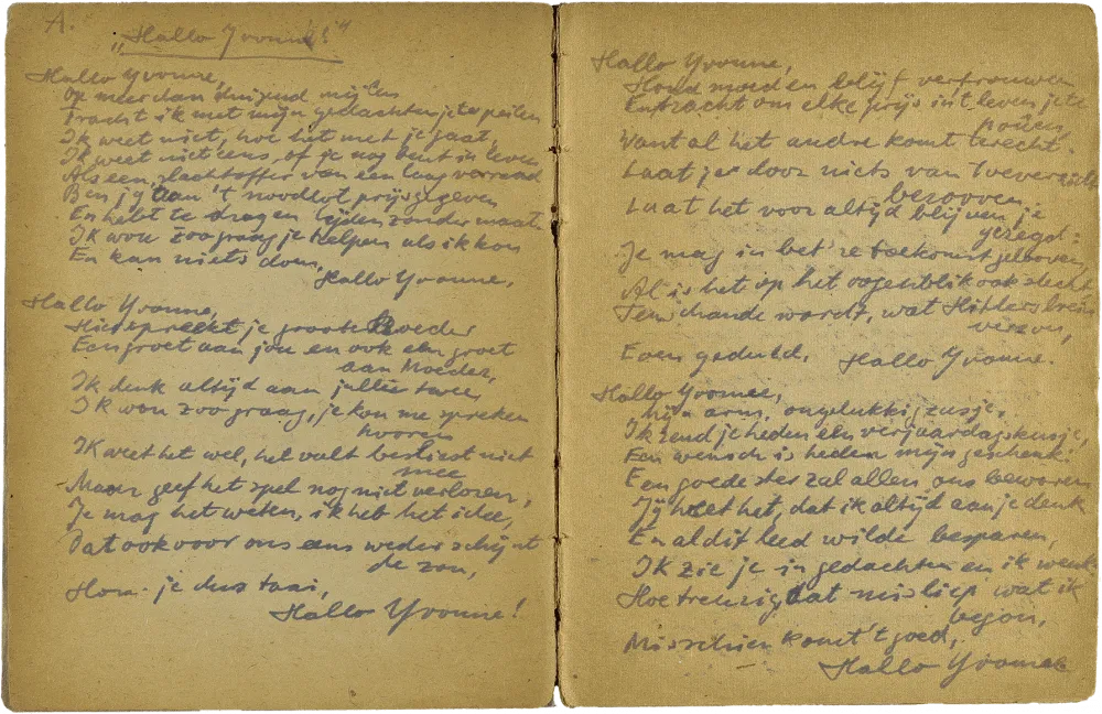 Handschriftlich verfasste Doppelseite mit Überschrift „Hallo Yvonne“.