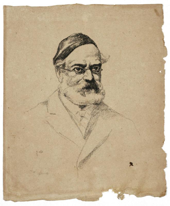 Lithograph of a face turned slightly to the left with a short, light full beard, glasses and a cap draped slightly obliquely on the head; the eye area is heavily shadowed, the base of the torso only indicated.