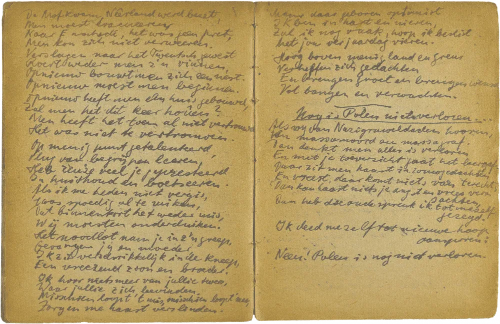 Handschriftlich verfasste Doppelseite mit Überschrift „Nog is Polen niet verloren“.