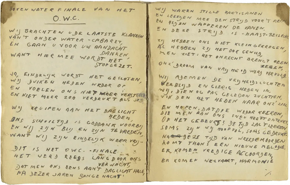 Handschriftlich verfasste Doppelseite in Druckbuchstaben mit der Überschrift „Boven Water Finale Van Het OWC“.