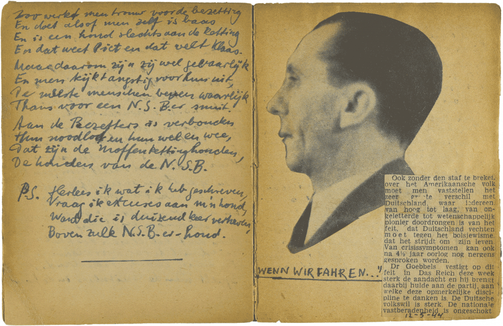 Handwritten two-page spread with a pasted-in newspaper photo of Joseph Goebbels, bearing the heading “Wir fahren!” (We go!)..