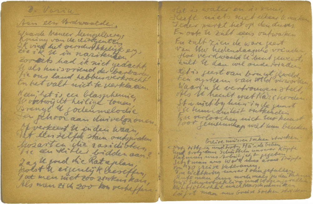 Handschriftlich verfasste Doppelseite mit Überschrift „Aan een verdwaalde“.