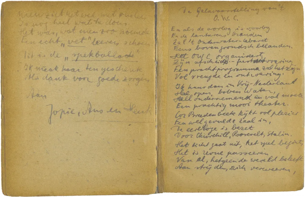 Handschriftlich verfasste Doppelseite mit Überschrift „De Galavoorstelling van’t OWC“.