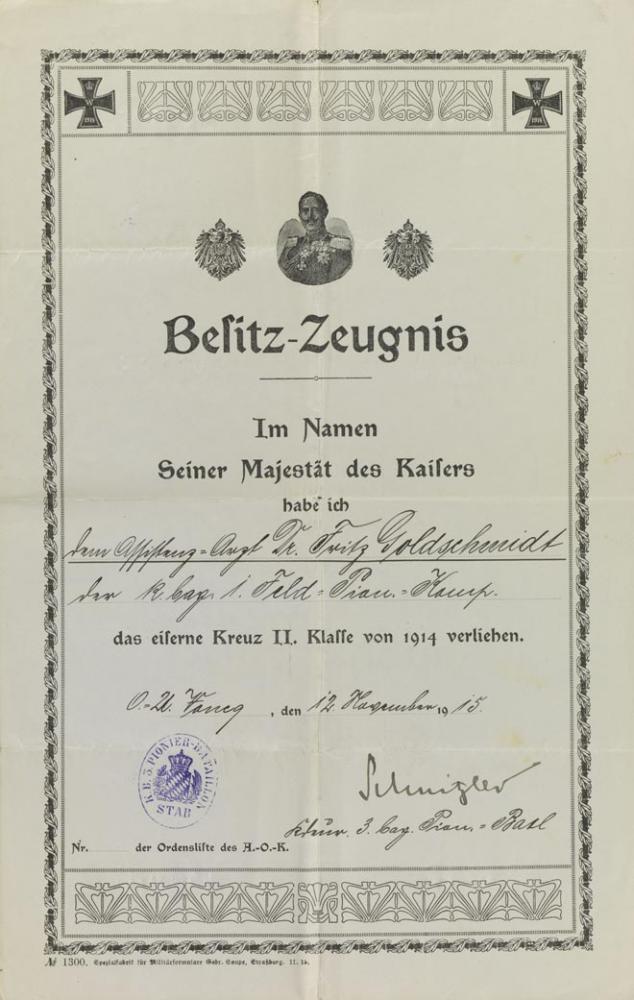 Decorative certificate with Iron Cross, Prussian eagle, and portrait of Wilhelm II, pre-printed, filled out by hand