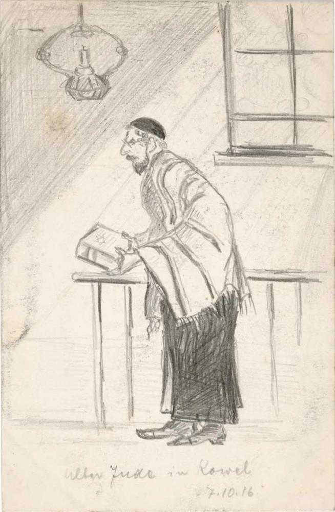 Zeichnung, Bleistift: Mann mit Bart, Kippa und Gebetsmantel, leicht vorgebeugt stehend, Buch mit Davidstern in der Hand