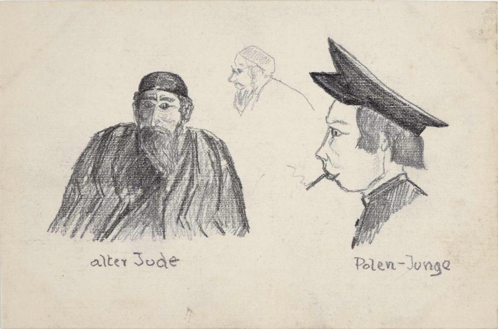 Zeichnung, Bleistift: drei Porträts, älterer Mann mit Bart und Kippa (links), Knabe mit Schildmütze und Zigarette (rechts)