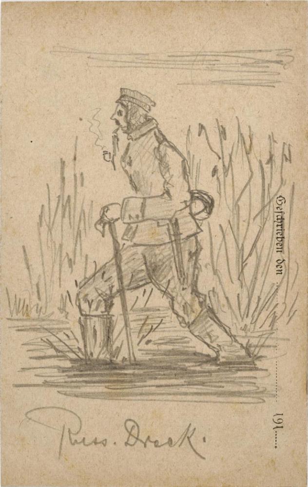 Zeichnung, Bleistift: Uniformierter Soldat watet Pfeife rauchend durch einen Sumpf, im Hintergrund Gebüsch