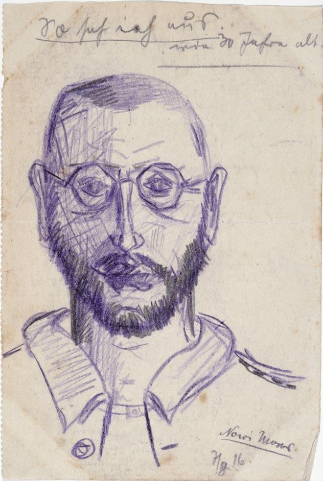 Zeichnung, Bleistift: Frontales Porträt eines Soldaten, mit Brille und Bart sowie geöffneter Uniformjacke