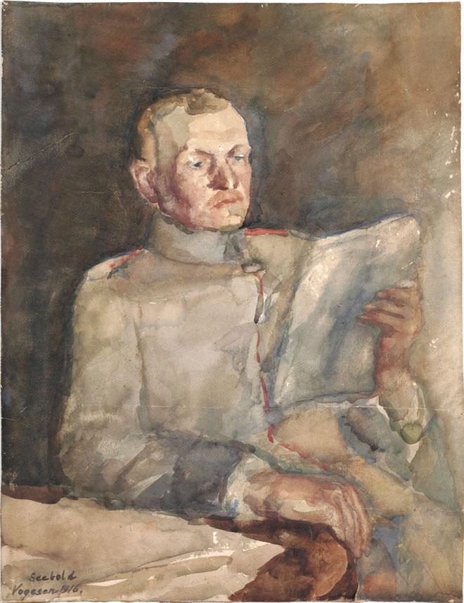 Painting of a soldier in uniform sitting at a table reading