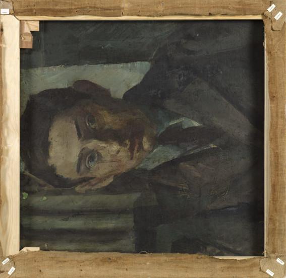 Ölmalerei auf Leinwand: abgebildet ist das Porträt eines jungen Mannes innerhalb der Rückseite des Holzrahmens.