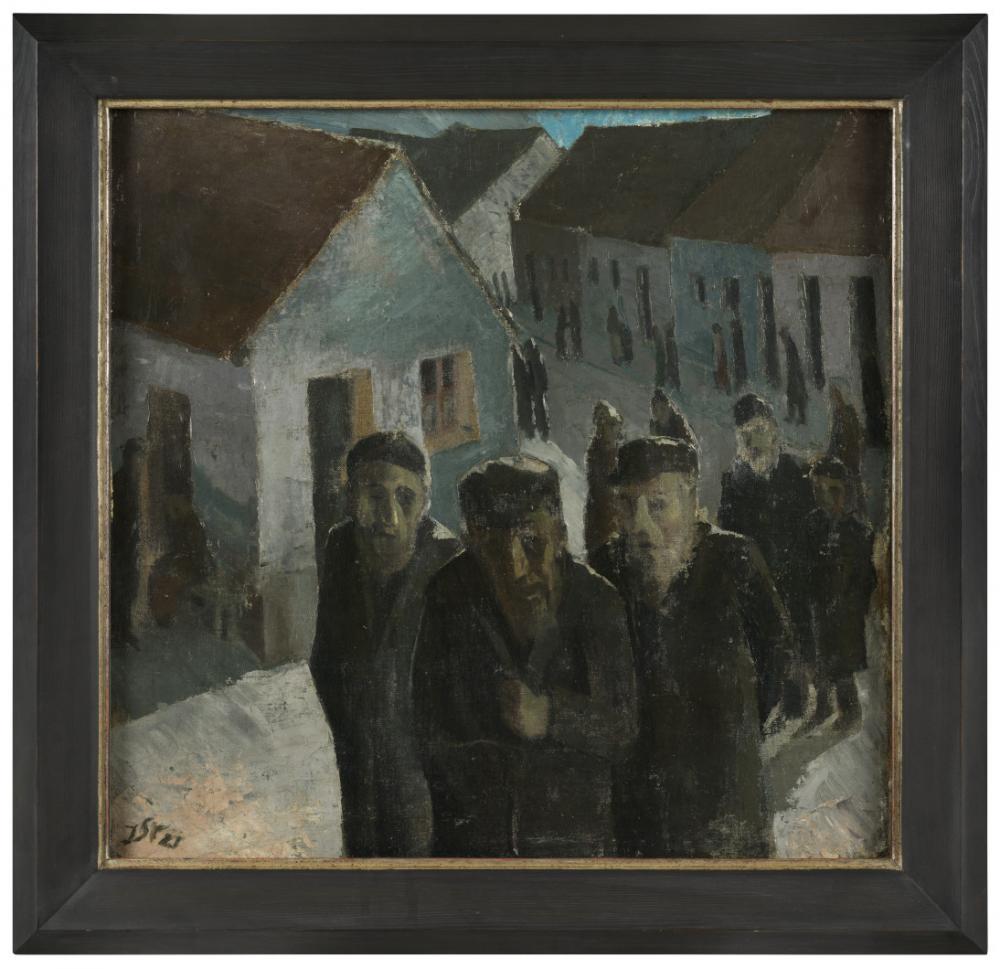Painting with frame shows a queue of elderly people in a village-like setting