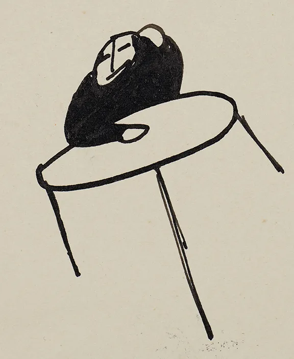 Line drawing of a person sitting at a round table with his head resting on his arm.