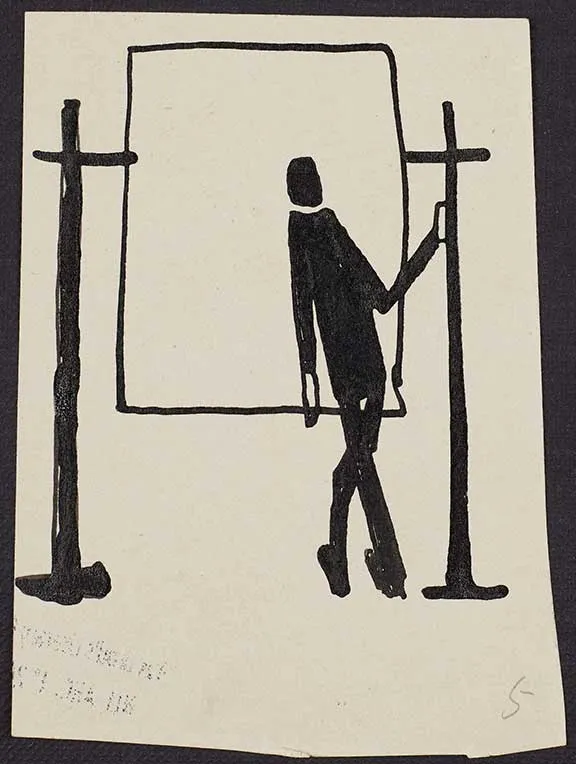 Strichzeichnung von einer Person, die vor einem Rahmen steht und sich mit einem Arm an einer Stange festhält.