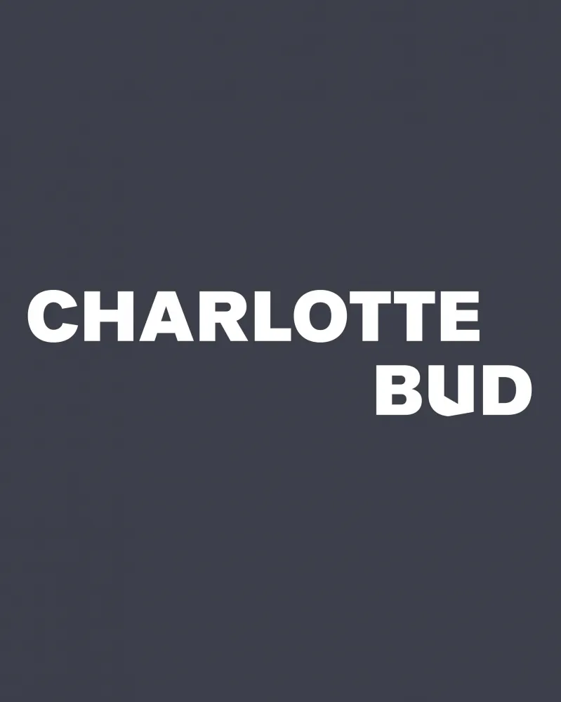 Schwarze Fläche auf der in weißen Buchstaben der Name "Charlotte Bud" steht.
