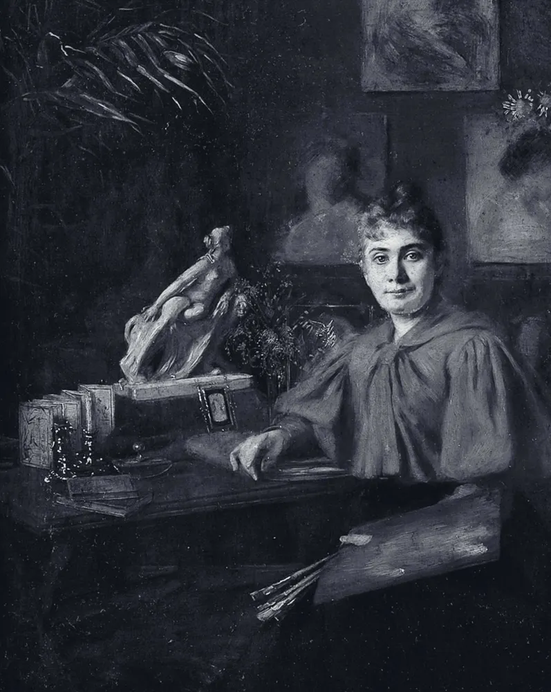Gemälde einer Frau, die ein rotes Cape trägt und in einem Atelier sitzt.