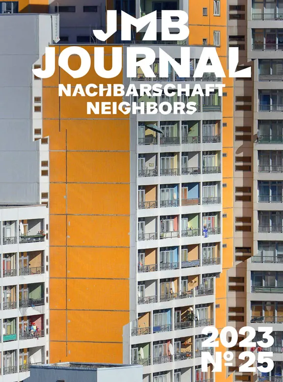 Cover of the JMB Journal 25 with the theme Neighbourhood. A high-rise building with a yellow-grey façade can be seen.