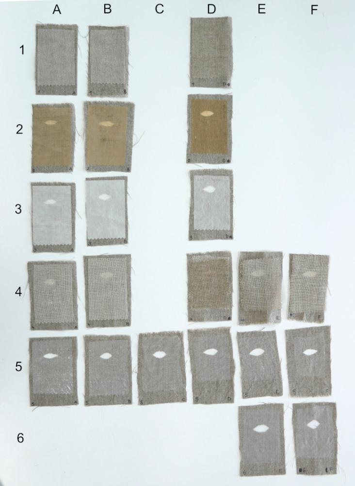 Ein Raster ausgelegter Leinwandproben belegt mit Gewebe- und Papierproben