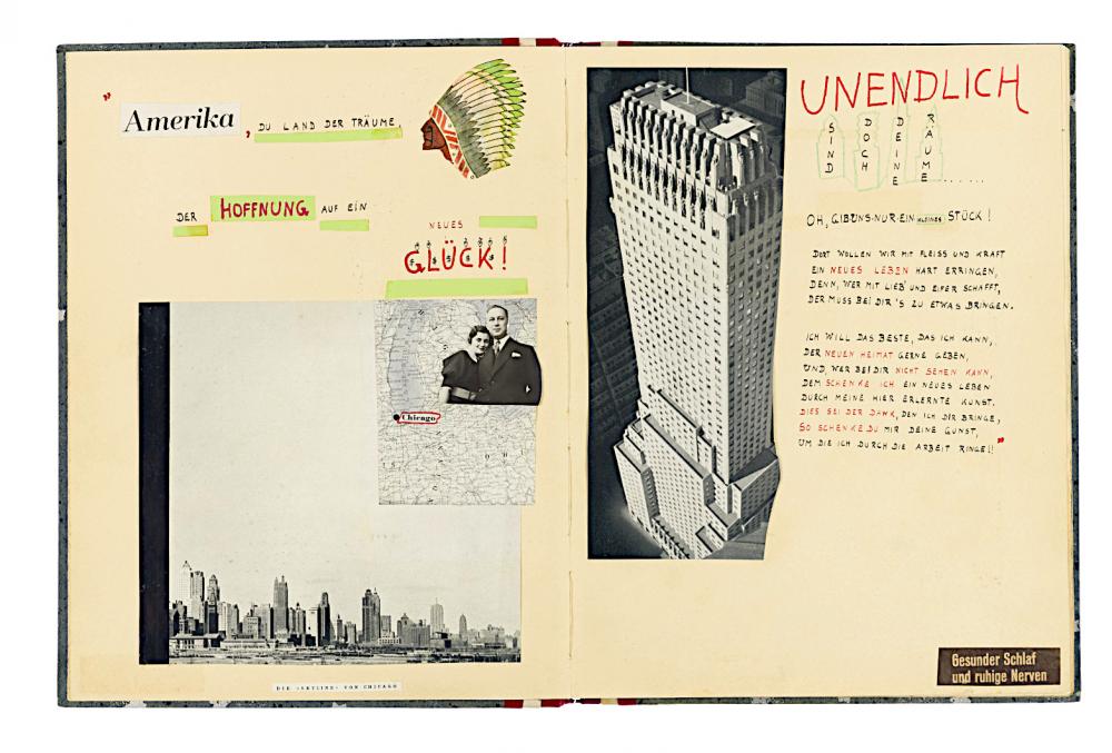 Opened album with pictures of the Chicago skyline, a skyscraper and a painted head with feather decoration as well as handwritten text.
