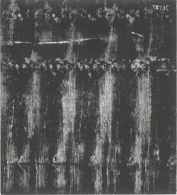 An abstract painting on wood in black and white; in the upper right corner, the German word &ldquo;Jetzt&rdquo; (meaning: Now) appears in mirror image.