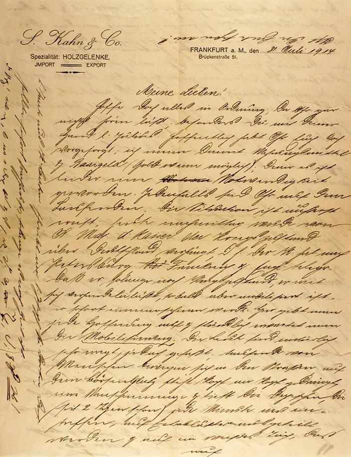 Die erste handschriftliche Briefseite dem im Flie&szlig;text erw&auml;hnten Briefes, beginnend mit der Anrede: Meine Lieben!