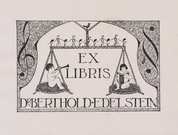  The bookplate shows a pair of scales with a child with a trumpet or a child reading sitting on the side bowls. To the left of the bowl is a clef, to the right a paragraph sign, below which is “Dr. Berthold Edelstein”. Black lettering and graphics on beige paper.
