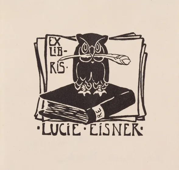  The bookplate shows an owl on a book, behind which further sheets of paper are layered as a background. Black graphics and lettering on beige paper.