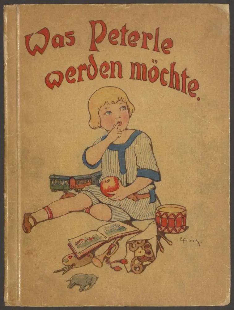 Cover of a children's book: A child in a blue and white striped dress sits on the floor with toys around him and an apple in his hand.